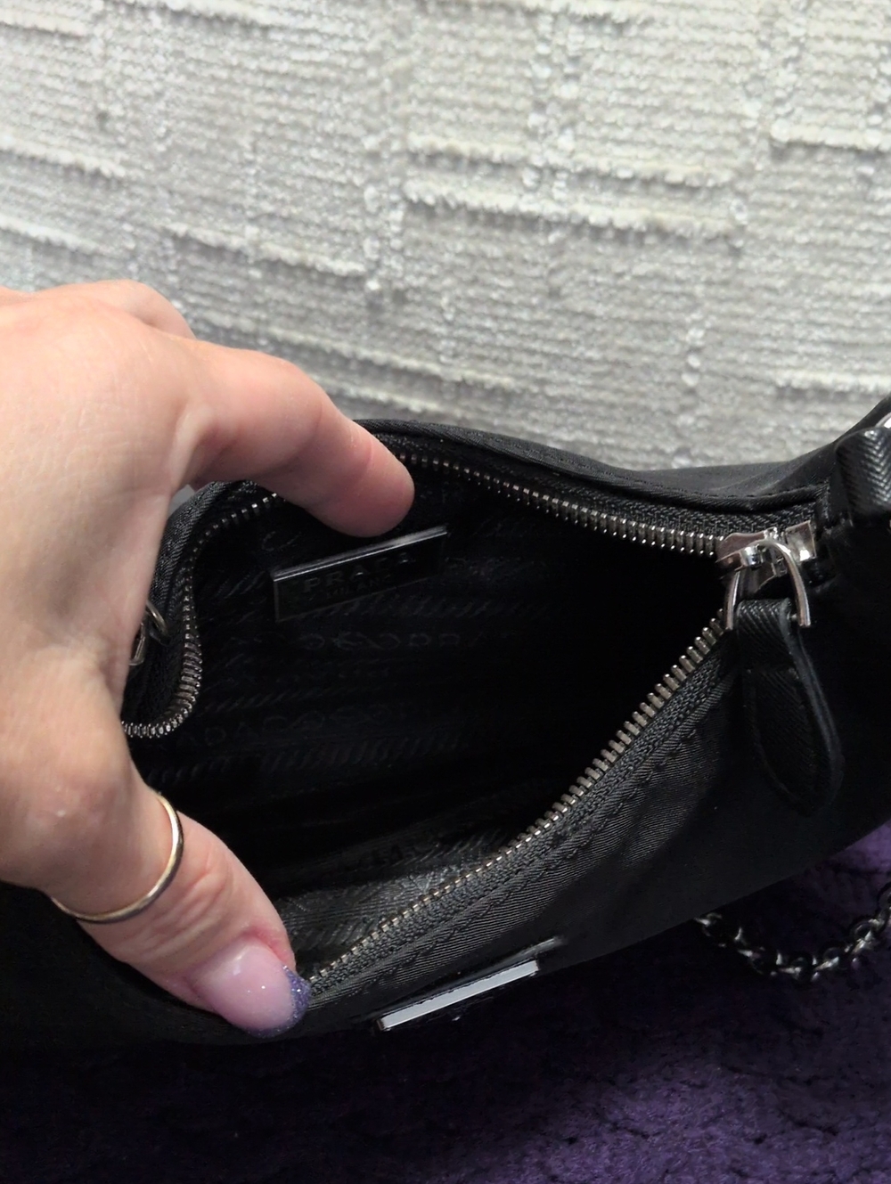 Designer Inspired Black Nylon Shoulder Bag with Silver Chain Strap - Picture 4 of 7